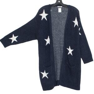 Zara Womens Cardigan Sweater Stars Open Front Pockets Blue White Size Medium IG